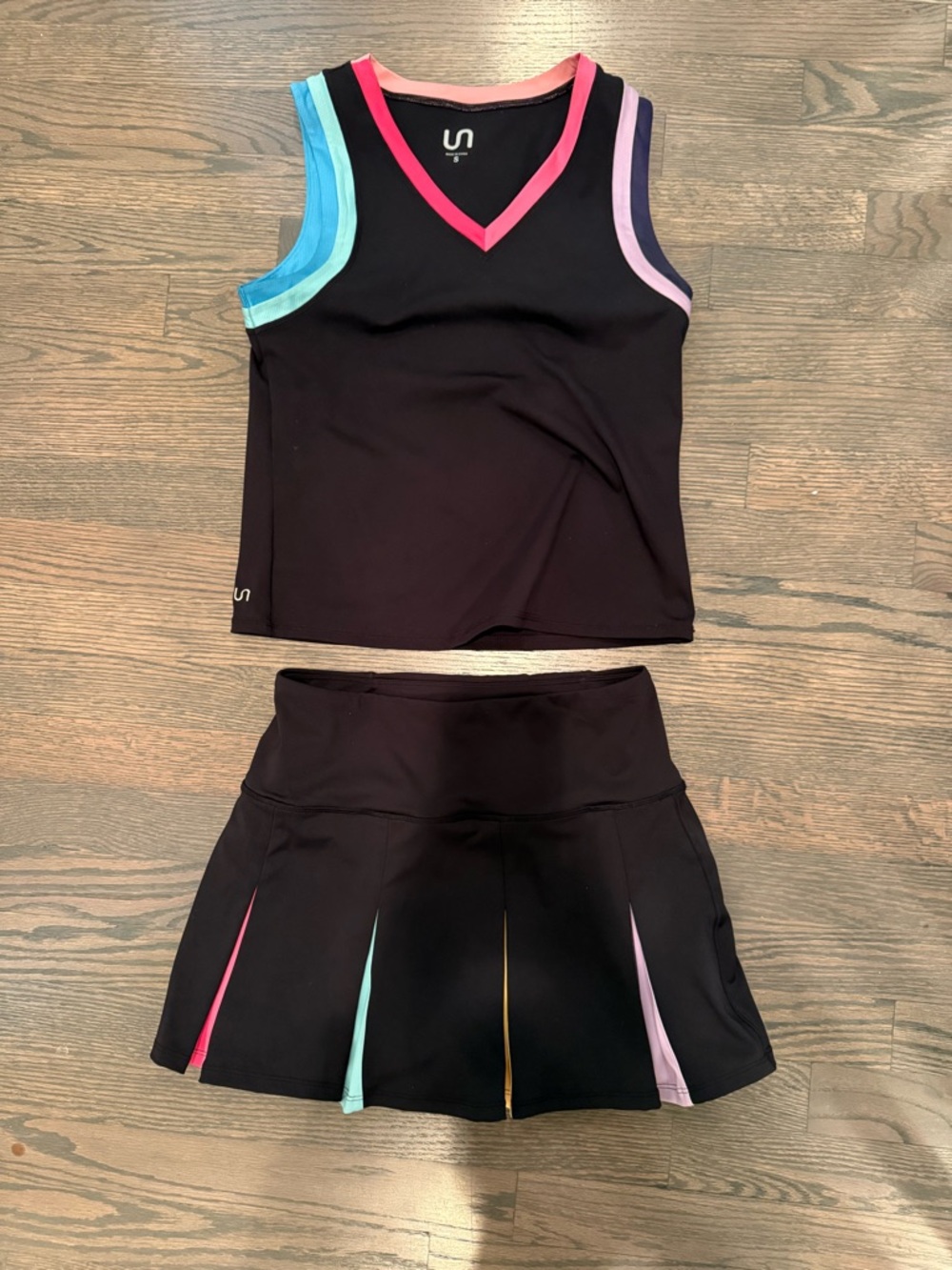 Urban Savage Black Tennis Set Pleated Skirt & Tank Rainbow Color Trim Size S